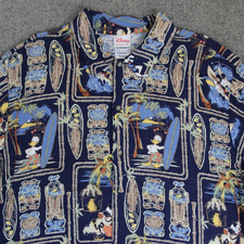Disney Store Hawaiian Shirt L Navy Tiki Totem Polynesian Mickey Goofy Surf Camp