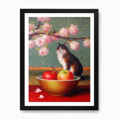 Apfelblüte mit Katze 4 Pointill gerahmtes Wandbild Poster Leinwanddruck Bild