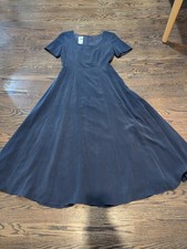 Vintage Laura Ashley Silk Tea Length Dress 6 Cottagecore Prairie Romantic Navy