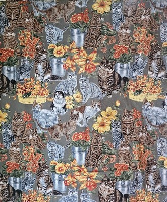 Cat Kitten Feline Flowerpots Cotton Fabric Timeless Treasures Vintage 1+ Yd