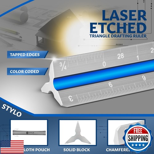Stylo 12" Aluminum Architect Scale Ruler Laser Etched Triangle Drafting Ruler - Picture 3 of 5
