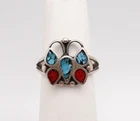 925 Sterling Silver Vintage Butterfly Turquoise & Carnelian Inlay Ring