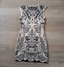 Cream & Black Art Deco Print Fine Knit Short Dress Bodycon Wiggle Retro UK10/12