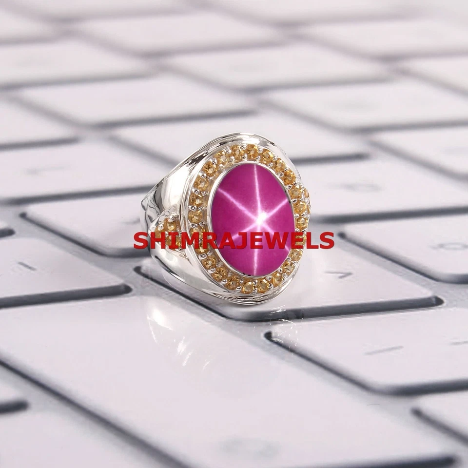 Künstlicher Linde Star Rubin & Citrin Mit 925 Sterlingsilber Herren Ring #1103 - Bild 3 von 4