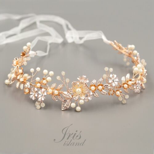ROSE GOLD Pearl Bridal Hair Vine Wedding Headband Headpieces Tiara 04272 Flower - Picture 1 of 8