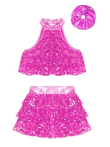 Kids Girl's Shiny Sequin Dance Crop Top with Tassel Tutu Skirt Set Dancewear - Picture 18 of 64