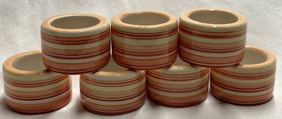 Porcelain Peach striped Napkin Rings- 7- A few small chips on edges