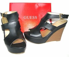 GUESS SHAI BLACK LEATHERETTE CUTOUT+GOLD BUCKLE HEEL,WEDGES,SANDAL,SHOES-NEW+BOX