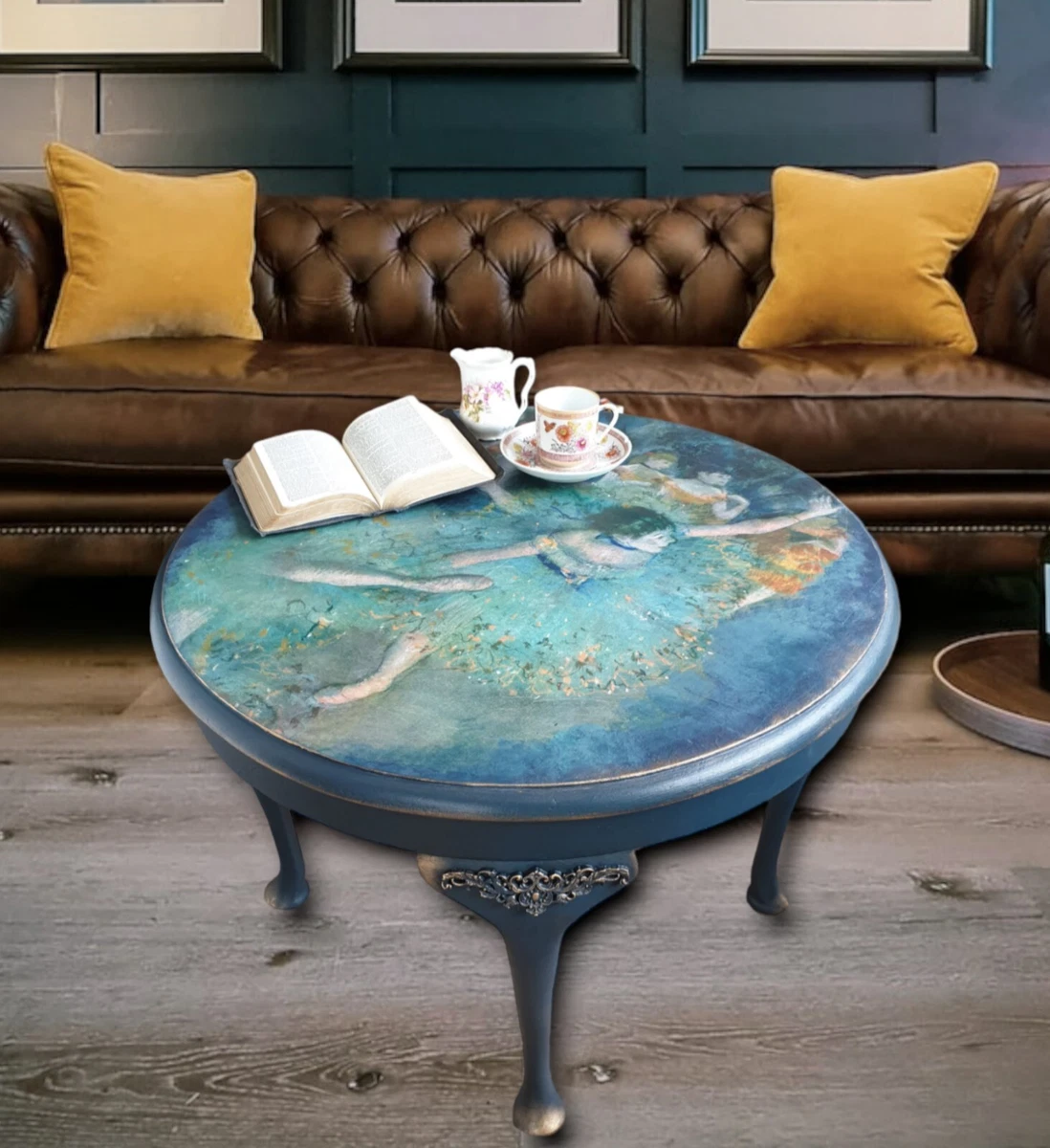 Vintage Round Wooden Coffee Table Side Occasional Table Upcycled Hand Painted