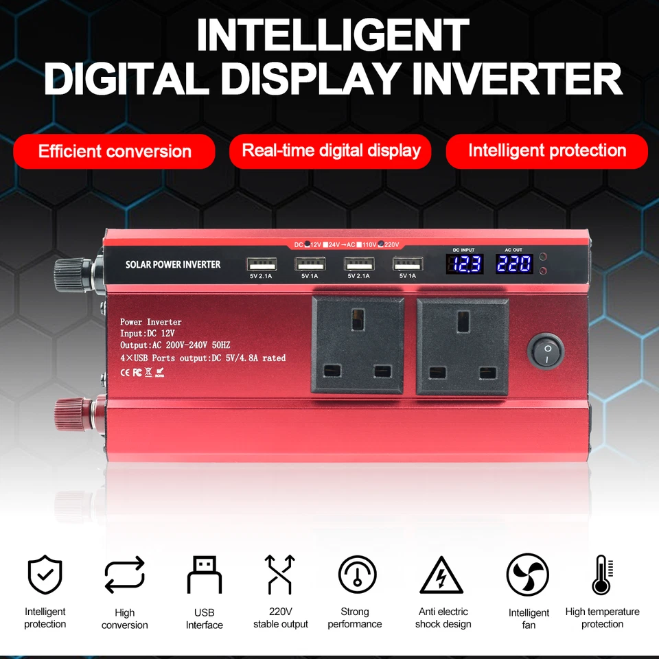 6000W Car Power Inverter Converter DC 12V to AC 240V 4 USB 2 UK Socket Sine Wave - Image 3 of 4