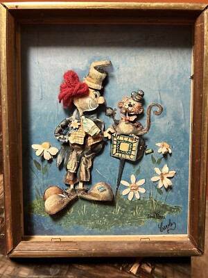 Vintage! Edna Vierra 3D Decoupage Framed Print Of A Clown Monkey & Grinder!!!
