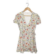 Zara Trafaluc Ditsy Floral Wrap Tie Ruffle Mini Dress Cream XS
