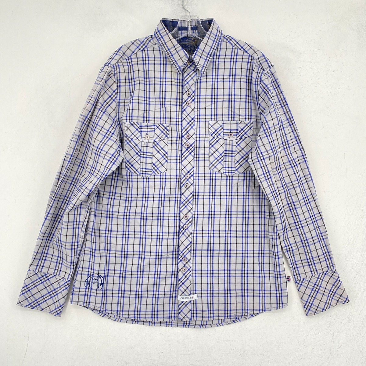 John Lennon Imagine Shirt Mens Large Gray Blue Art Plaid Button Up The  Beatles