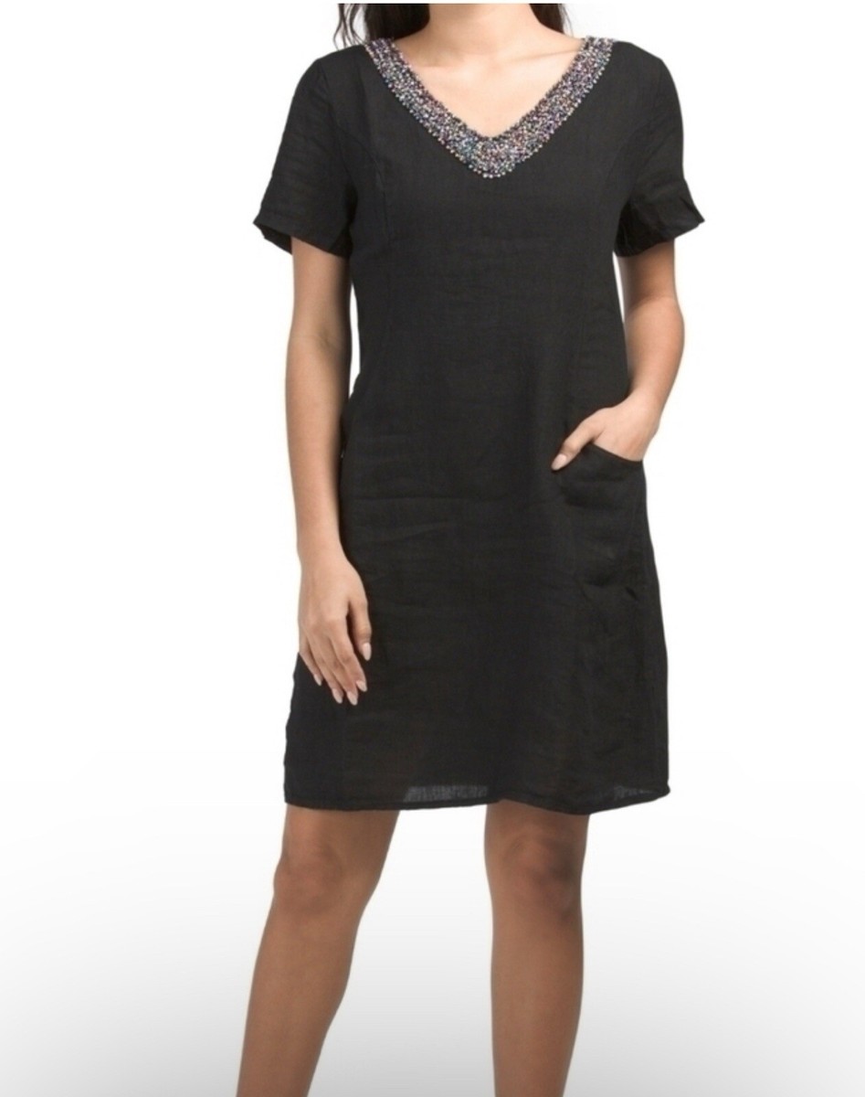 Lina Tomei Linen Shift Black Dress 2 Pocket Women Sz S Beaded Neckline  Italy NWT | eBay