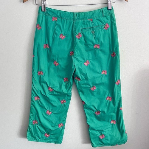 Lilly Pulitzer Bright Green Capri Pants Split Hem Emb Pink Butterflies Girls 12 - Picture 3 of 9