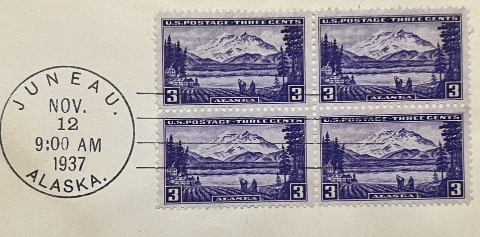1937 JUNEAU ALASKA FIRST DAY COVER FDC 3C STAMPS BLOCK OF 4 - Image 2 of 3