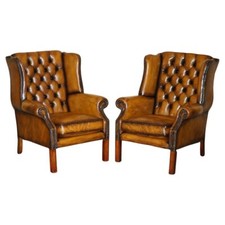 FINE PAIR OF COMFORTABLE RESTORED CHESTERFIELD WINGBACK BROWN LEATHER ARMCHAIRS