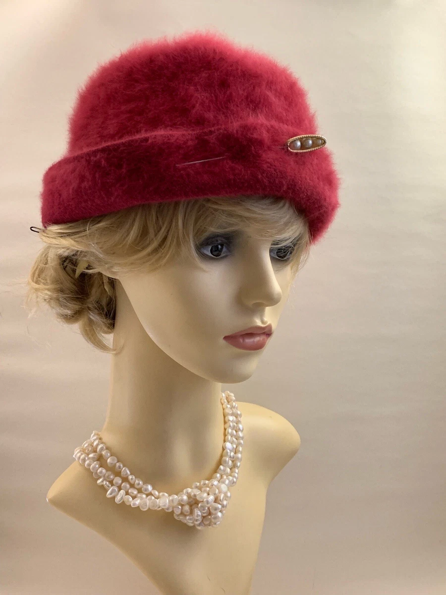 KANGOL Vintage 1960s Deep Rose Small Brim Angora Hat With Beaded 4