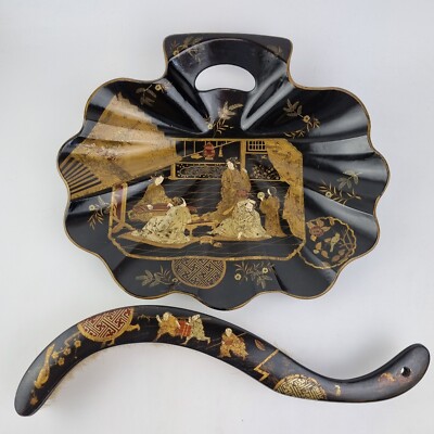 Antique Japanese? Chinoiserie Lacquer Ware Crumb Scoop & Brush Decorated Figures