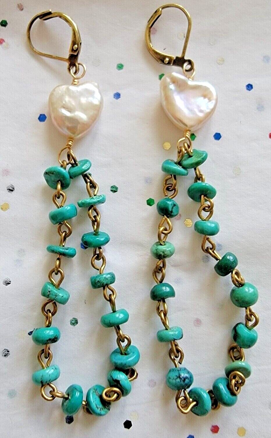EXTASIA GENUINE FRESHWATER PEARL HEARTS W/ TURQUOISE LOOP STATEMENT