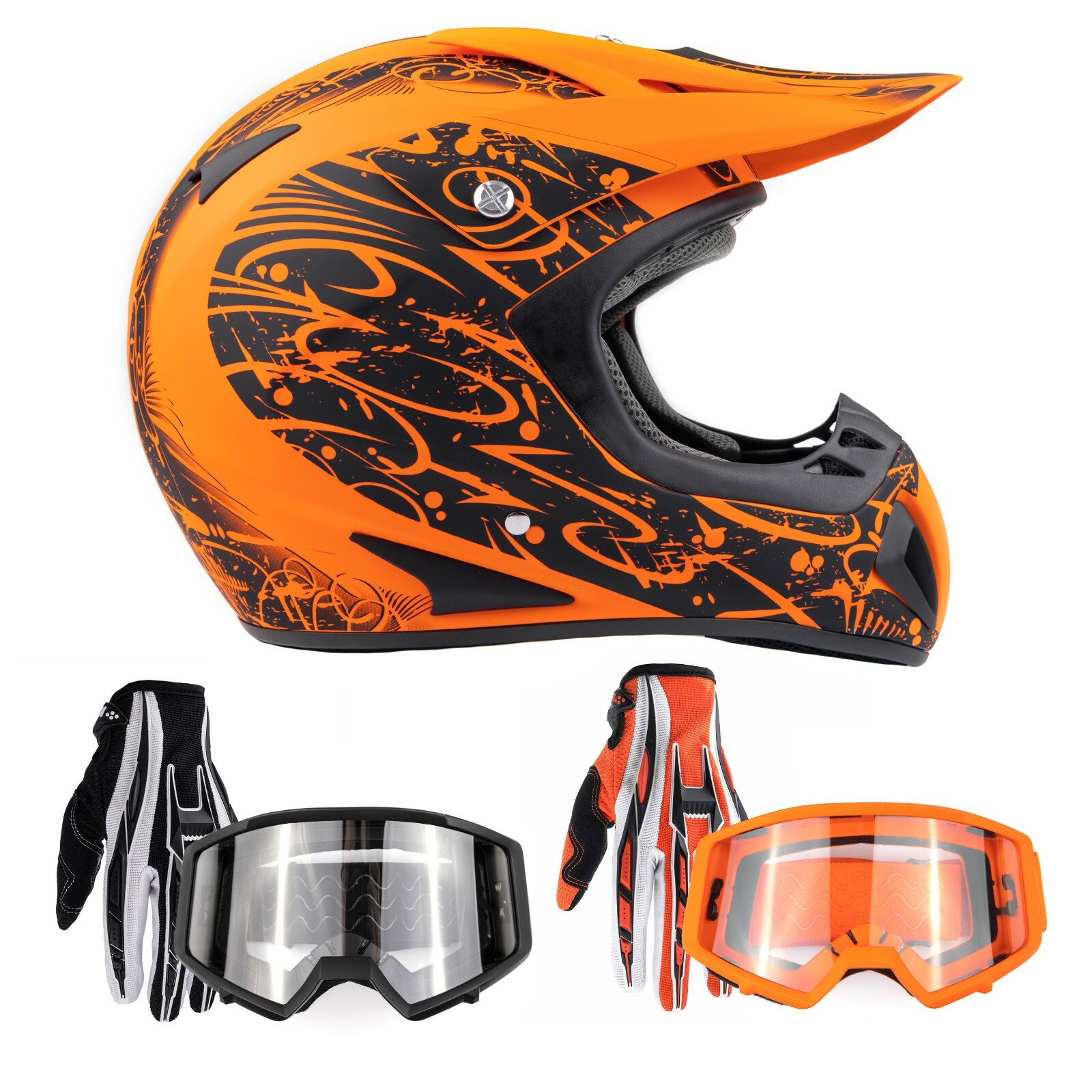 Adult Matte Orange Helmet Motocross Combo Gloves Goggles Off-Road Dot Utv Atv