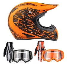 Adult Matte Orange Helmet Motocross Combo Gloves Goggles Off-road DOT UTV ATV
