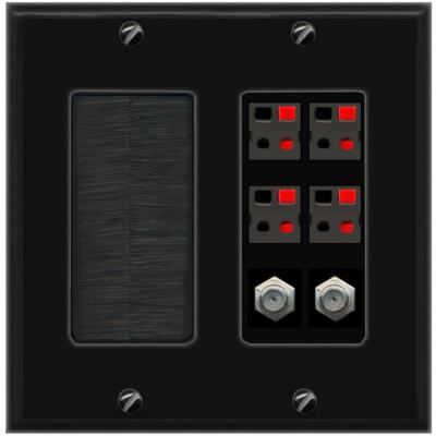 RiteAV 4 Speaker 2 Port Coax Cable TV Wall Plate - Brush [Black/Black]