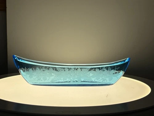 Signed Steuben Art Glass Celeste Blue Cut Etched Blue Canoe Dish