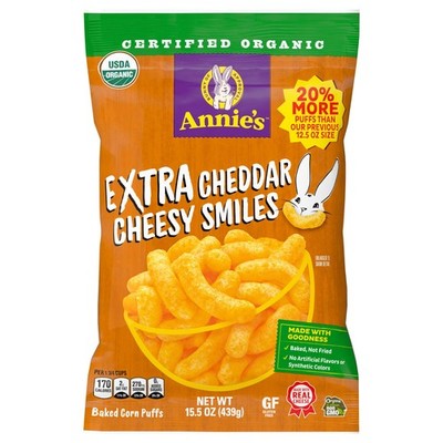 Annie's Organic Extra Cheddar Cheesy Smiles, Corn Cheese Puffs, 15.5 oz