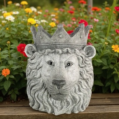Deko Löwenkopf Pflanzgefäß 34 cm Steinoptik Garten Statue König Krone Topf