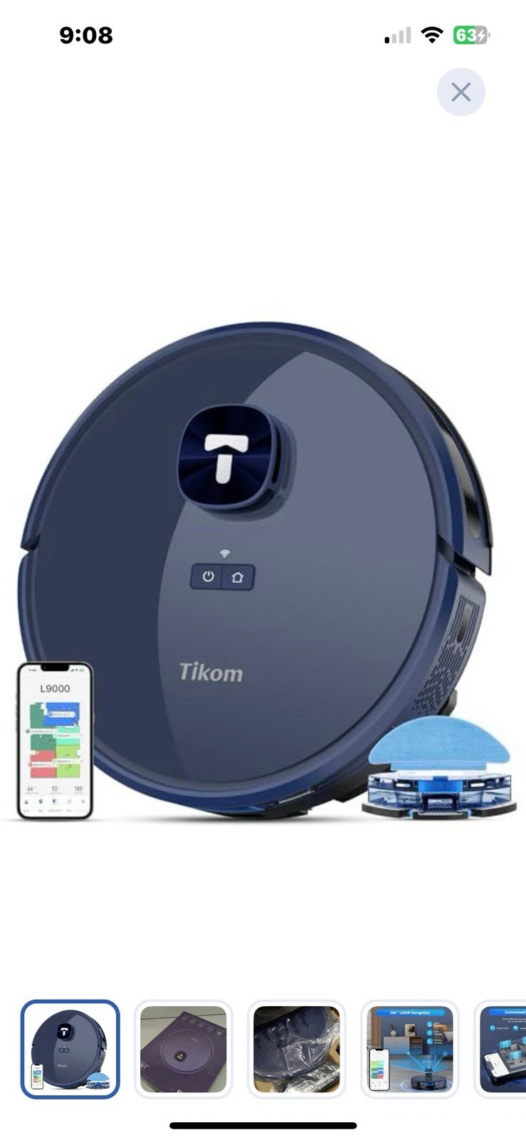 Tikom L9000 Robot Vacuum and Mop Combo Black Lidar Navigation