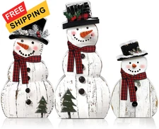 Barydat 3 Pcs Christmas Snowman Wooden Decorations Rustic Table White 