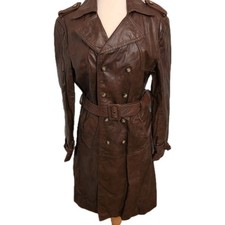 Vintage ECHTES LEDER Brown Leather Belted Crossover Trench Coat Germany Size 52