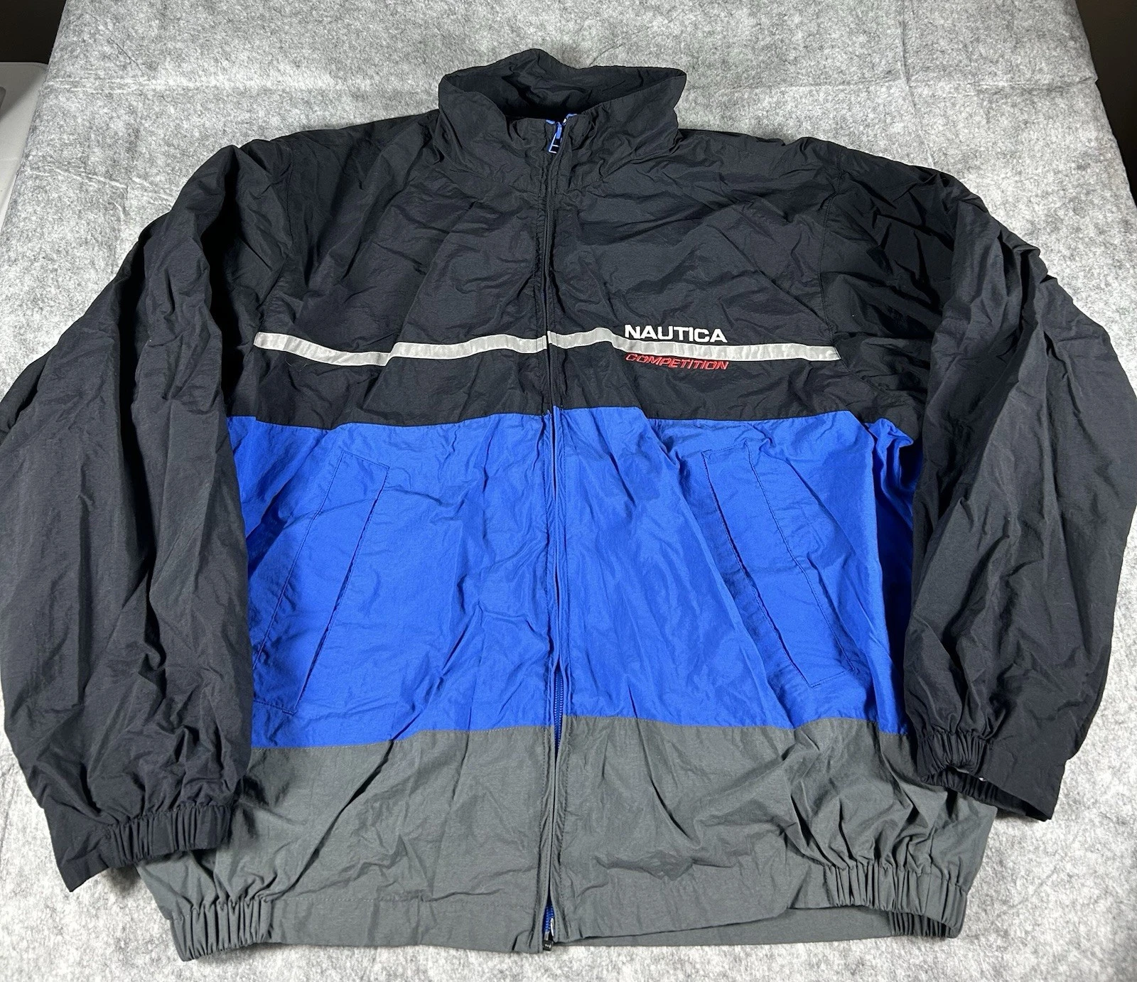 Vtg 90s Nautica Competition Mens Windbreaker Jacket Full Zip Black Blue XL Sail