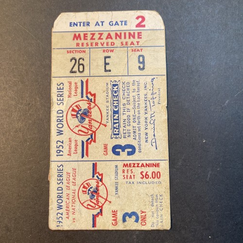 1952 Game 3 World Series Ticket Stub - Picture 9 of 9