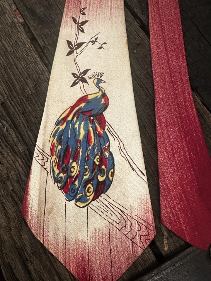 Corbata Rockabilly Deco Columpio Seda Rayón Pintado a Mano Pavo Real Vintage Años 40 Foto 3 de 4