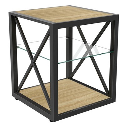 One modern bedside table with tempered glass and natural wood MDF top