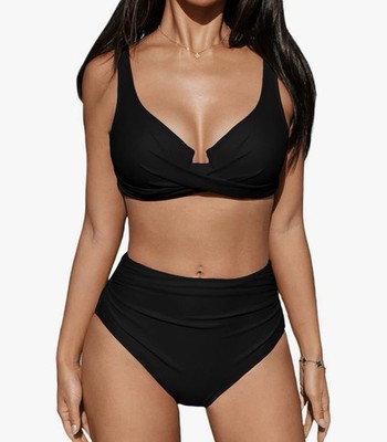 NWT Cupshe Women's Black High Waisted Ruched Bralette Bikini Set Size S