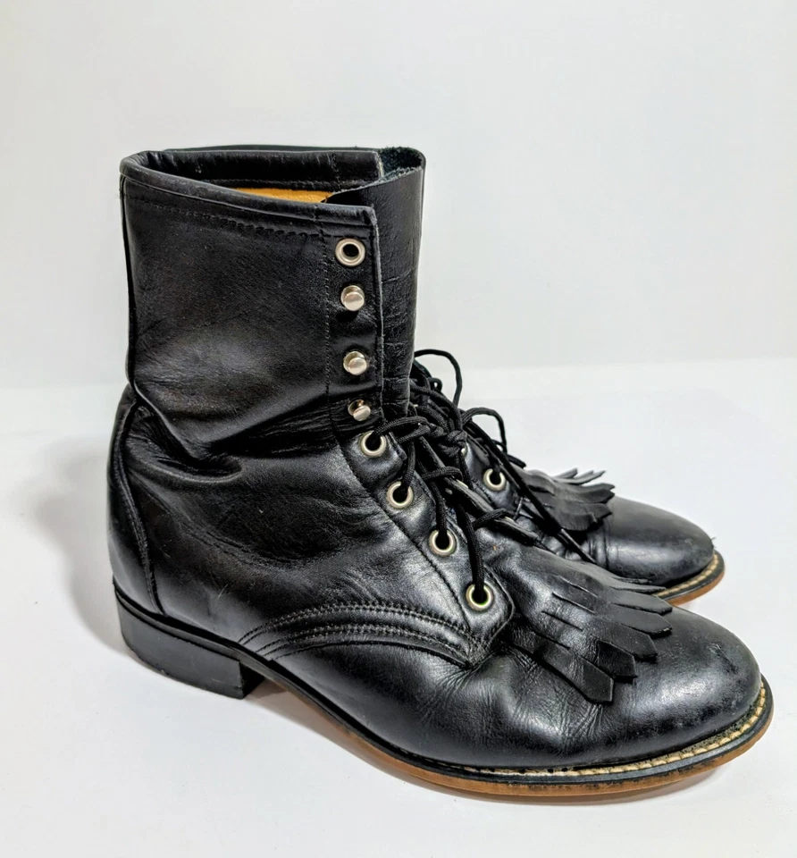 Botas Western Roper Vintage Laredo Cuero Negro Kiltie Con Cordones Talla 9M Foto 2 de 4