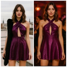 Nasty Gal Purple Metallic Cutout Open Back Mini Skater Dress XS NWT