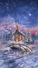 23" Fabric Panel Timeless Treasures All Is Calm Christmas Winter Church Scene
