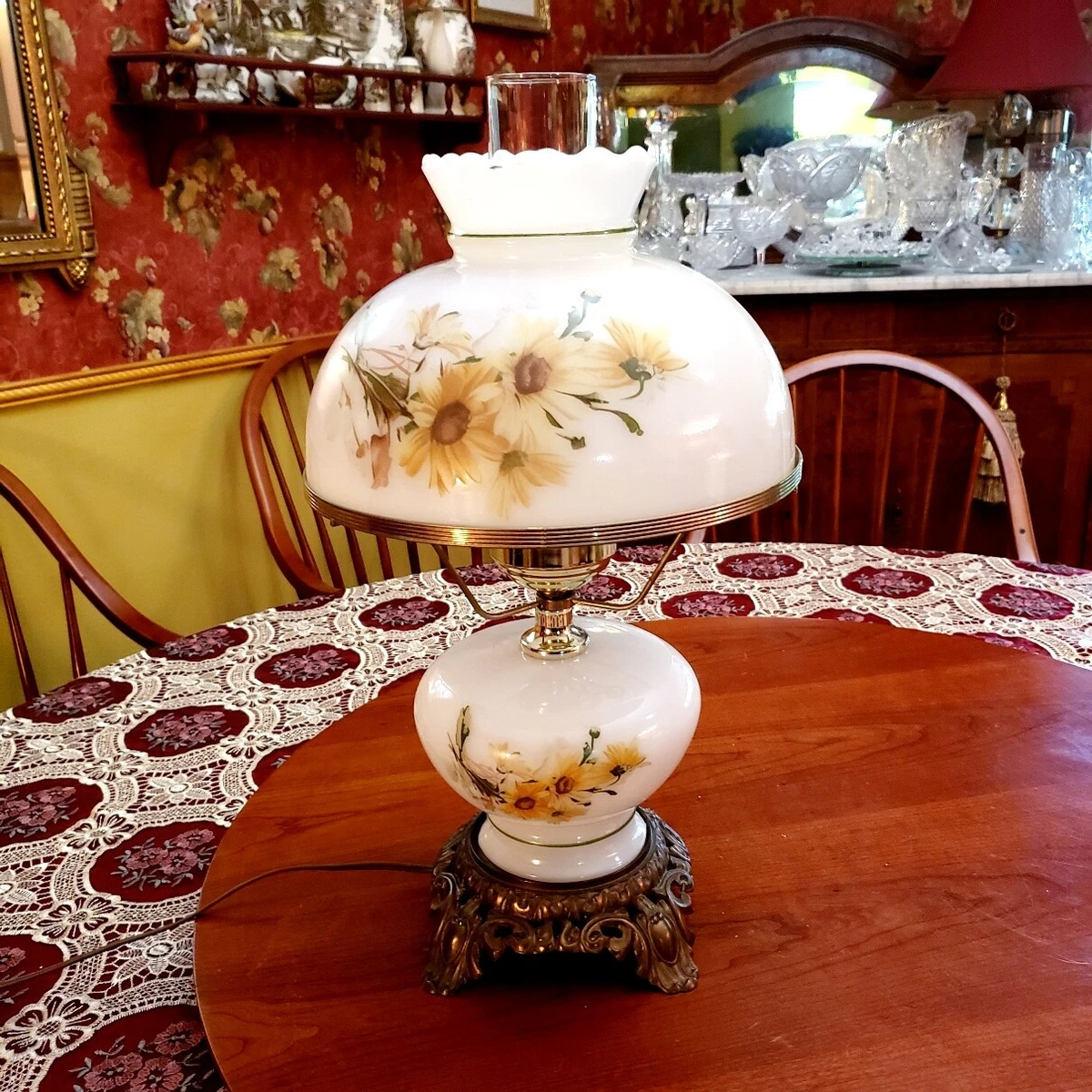 Vintage Working Two Light Floral Hurricane Lamp