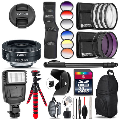 Canon EF-S 24mm f/2.8 STM Lens + Flash + Color Filter Set - 32GB