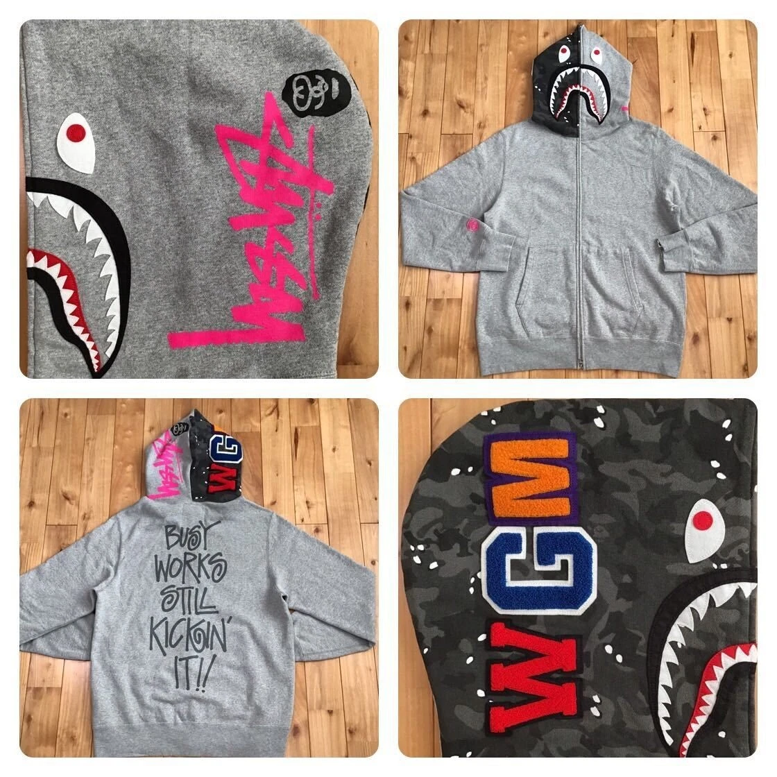 BAPE × stussy shark full zip hoodie Gray A Bathing Ape Size XL