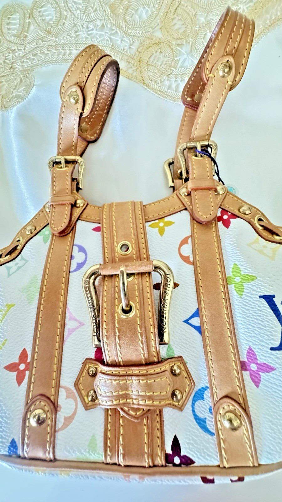 Louis Vuitton Monogram Theda PM White MultiColor Brown Leather Trim *RARE* Bag image 8