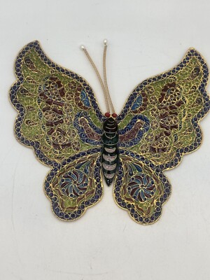 Cloisonné Butterfly Large Reverse Stained Glass And Brass Filigree Design 1990 s