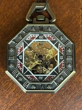 Antique-Style Octagon Skeleton Pocket Watch With Roman Numerals Chain