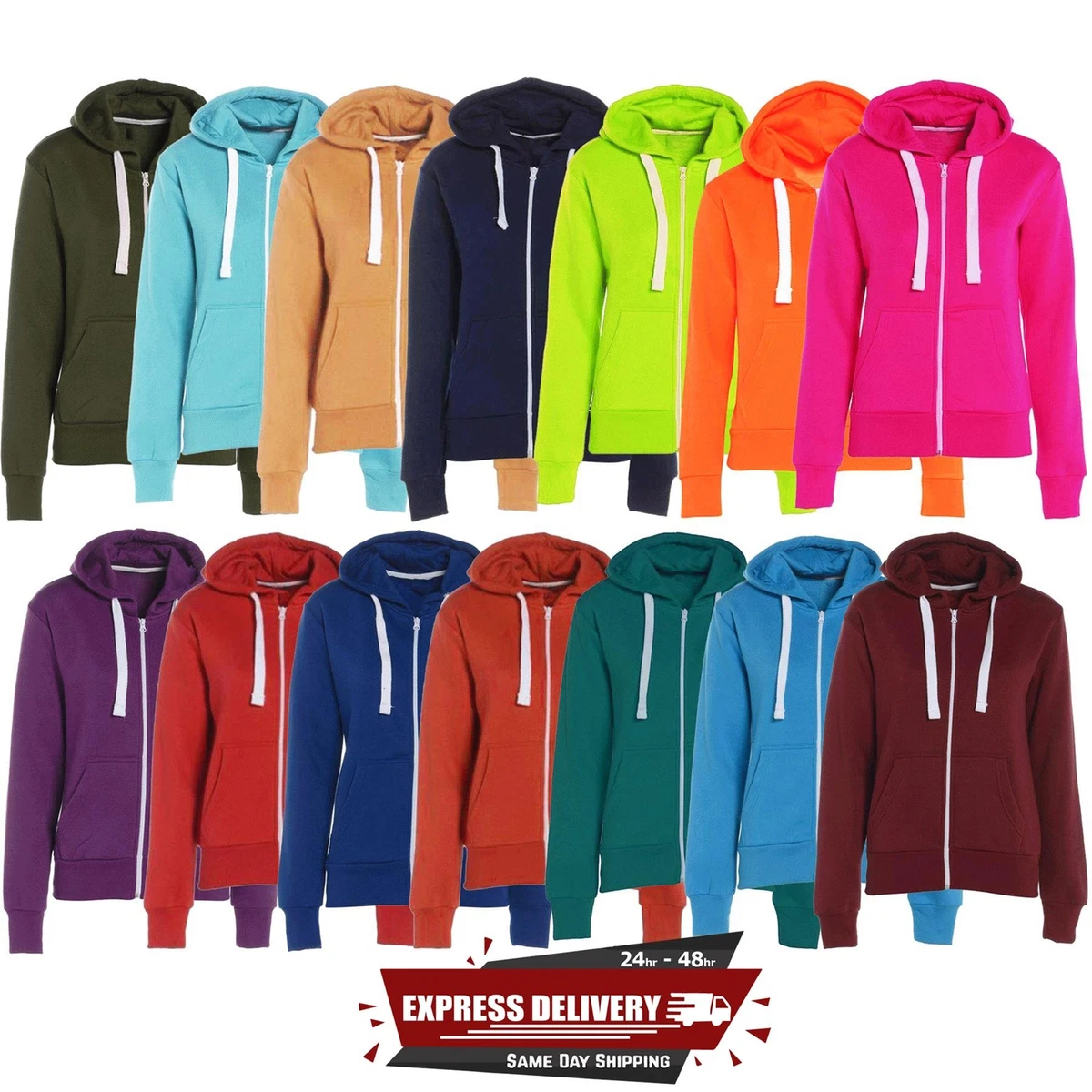 Ladies Womens Hoodies Sweatshirt Plain Hoody Girls Zip Top Jacket Plus Size