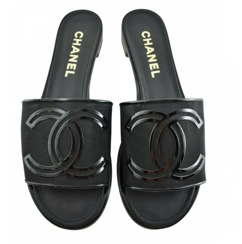 Chanel 21S Black Mesh Patent Leather CC Logo Slide Sandal Mule Slip On Flat  41c | eBay