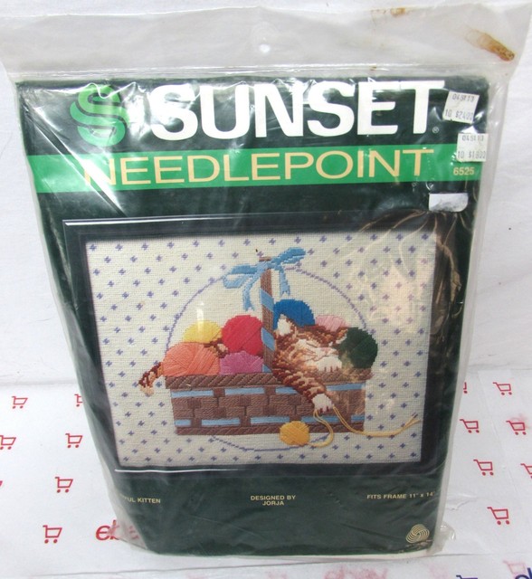 Sunset Needlepoint Kit Playful Kitten in basket Yarn 11x14 Cat 6525 | eBay